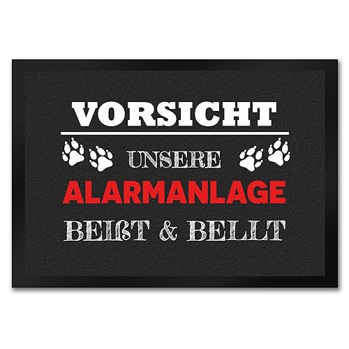 Vorsicht unsere Alarmanlage beißt & bellt Fußmatte in 35x50 cm Dekoration lustiger Spruch Hund Haustier bellen beißen Achtung Haustier Alarm Einbrecher von speecheese