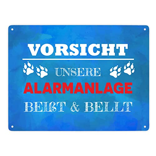 Vorsicht unsere Alarmanlage beißt & bellt Metallschild XXL in 28x38 cm in Blau Dekoration lustiger Spruch Hund Haustier Warnung Einbrecher Hundefreund Geschenkidee Vorsicht unsere Alarmanlage beißt & bellt Metallschild XXL in 28x38 cm in Blau Dekoration lustiger Spruch Hund Haustier Warnung Einbrecher Hundefreund Geschenkidee von speecheese