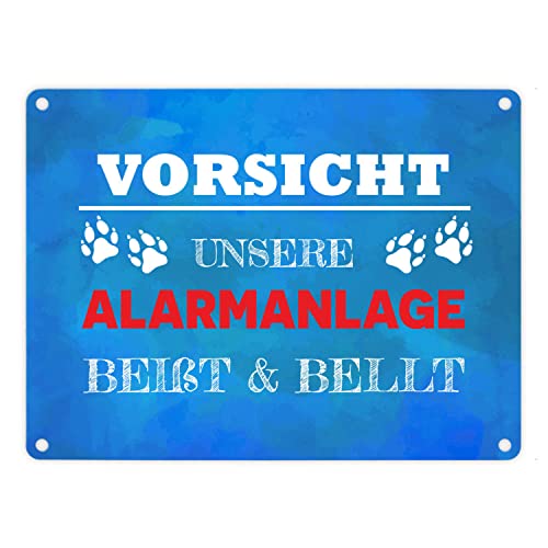 Vorsicht unsere Alarmanlage beißt & bellt Metallschild in 15x20 cm in Blau Dekoration lustiger Spruch Hund Haustier Warnung Einbrecher Hundefreund Geschenkidee von speecheese