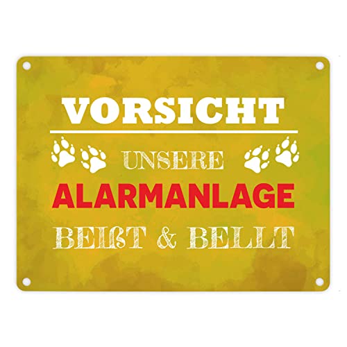 Vorsicht unsere Alarmanlage beißt & bellt Metallschild in 15x20 cm in Gelb Dekoration lustiger Spruch Hund Haustier Warnung Einbrecher Hundefreund Geschenkidee von speecheese