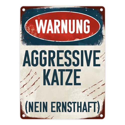 Warnung aggressive Katze (nein ernsthaft) Metallschild in 15x20 cm für Katzenhalter lustiges Blechschild im Used Look Warnung vor der Katze als Warnschild für Katzenhalter von speecheese