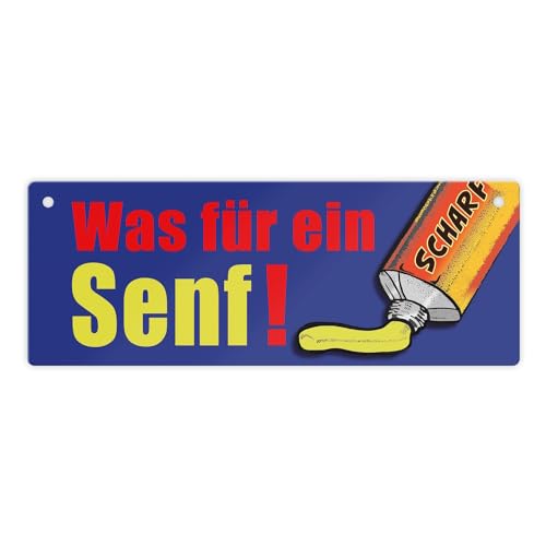 Was für ein Senf! Metallschild L in 10,5x28cm im Comicstil mit Senfmotiv und Spruch ein witziges Geschenk für alle die immer ihren Senf überall dazugeben müssen Redewendung von speecheese