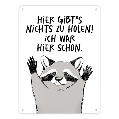 Waschbär Metallschild XL in 21x28 cm mit Spruch Hier gibts nichts zu holen ein niedliches Schild für die Wohnung lustiges Motiv Männer Geburtstag Räuber Blechschild witziges von speecheese