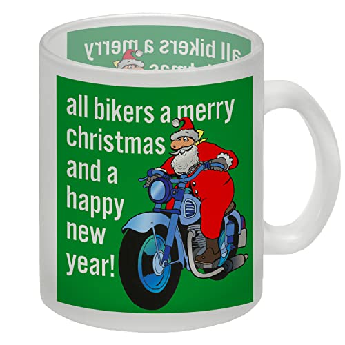 Weihnachten Biker Glas Tasse mit Weihnachtsmann auf Motorrad in grün besonderer Glas Tasse für den Kaffee am Morgen für Liebhaber von Bikes und dem Nikolaus Glas Tasse Glas Tasse von speecheese