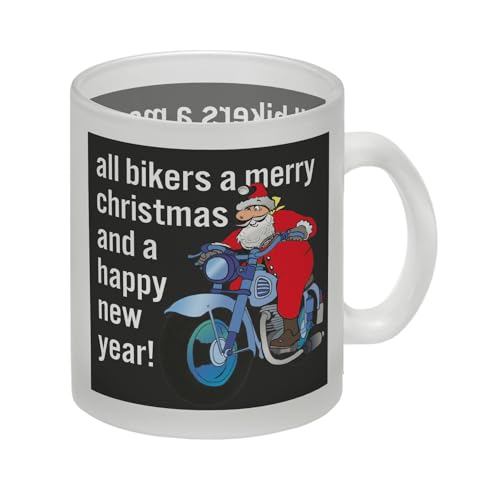 Weihnachten Biker Glas Tasse mit Weihnachtsmann auf Motorrad in schwarz besonderer Glas Tasse für den Kaffee am Morgen für Liebhaber von Bikes und dem Nikolaus Glas Tasse Glas von speecheese