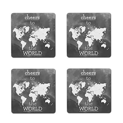 Weltkarte in Grau 4er Set Untersetzer aus Holz-Faser (HDF) mit Spruch - Cheers to The World - für Liebhaber von alkoholischen Getränken um den Tisch vor Wasserflecken zu schützen von speecheese