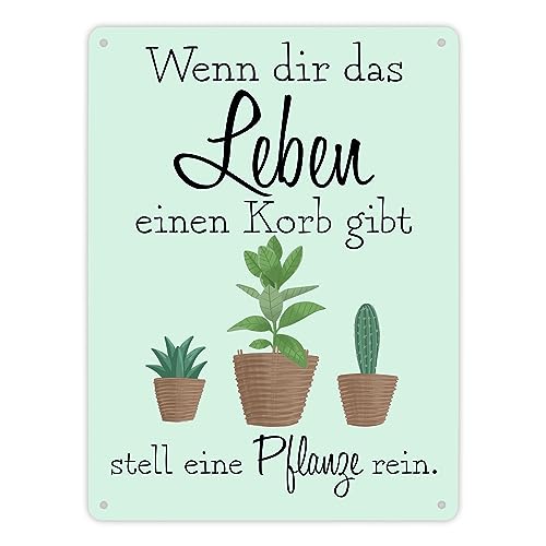 Wenn dir das Leben eine Korb gibt stell eine Pflanze rein Metallschild XL in 21x28 cm Blechschild für Pflanzenliebhaber und witziges Geschenk für Hobbygärtner mit Spruch von speecheese