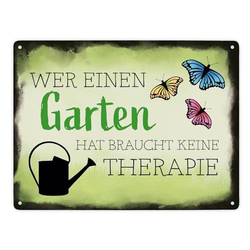 Wer einen Garten hat braucht keine Therapie Metallschild XXL in 28x38 cm für den Garten witzige Geschenkidee für Gärtner und Blechschild für Menschen mit Garten von speecheese