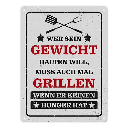 Wer sein Gewicht halten will muss grillen BBQ Grill Metallschild in 15x20 cm als lustige Dekoration für die Grillecke im Garten oder auf der Terrasse von speecheese