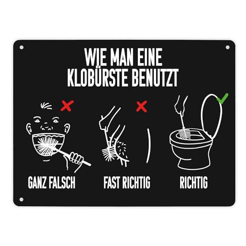 Wie man eine Klobürste benutzt Toiletten Metallschild XL in 21x28 cm humorvolles Blechschild mit Anleitung für richtige Handhabung einer Toilettenbürste mit Grafiken von speecheese