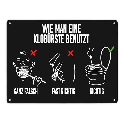 Wie man eine Klobürste benutzt Toiletten Metallschild XXL in 28x38 cm humorvolles Blechschild mit Anleitung für richtige Handhabung einer Toilettenbürste mit Grafiken von speecheese