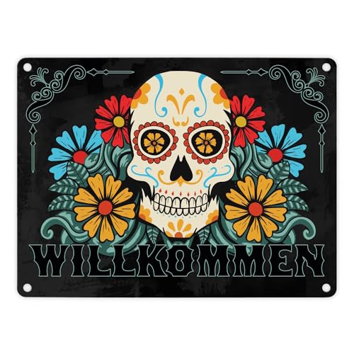 Willkommen Metallschild in 15x20 cm mit Totenkopf und Blumenmotiv hübsches Blechschild mit Totenschädel Schild für die Zimmertüre von speecheese