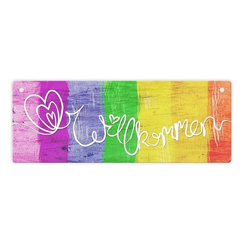 Willkommen Regenbogen LGBTQ Metallschild L in 10,5x28cm Dekoration für deine Haustüre oder den Eingangsbereich um allen zu zeigen, dass bei dir jeder herzlich willkommen ist von speecheese