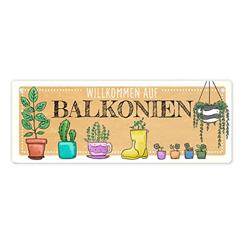 Willkommen auf Balkonien Metallschild L in 10,5x28cm in gelb mit verschiedenen Topfpflanzen als Dekoration für den Balkon Sommer Metallschild L in 10,5x28cm XL Das Schild ist ein von speecheese