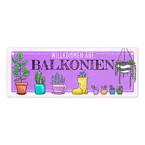 Willkommen auf Balkonien Metallschild L in 10,5x28cm in lila mit verschiedenen Topfpflanzen als Dekoration für den Balkon Sommer Metallschild L in 10,5x28cm XL Das Schild ist ein von speecheese