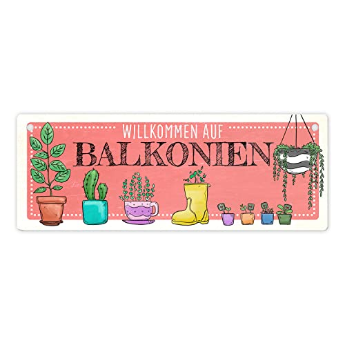 Willkommen auf Balkonien Metallschild L in 10,5x28cm in rot mit verschiedenen Topfpflanzen als Dekoration für den Balkon Sommer Metallschild L in 10,5x28cm XL Das Schild ist ein von speecheese