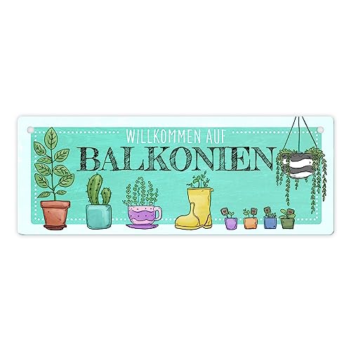 Willkommen auf Balkonien Metallschild in türkis mit verschiedenen Topfpflanzen als Dekoration für den Balkon Sommer von speecheese