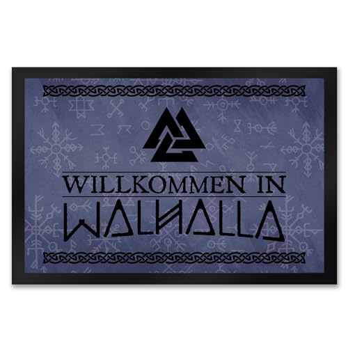 Willkommen in Walhalla Wikinger Fußmatte XXL in 50x75 cm mit Runen und Knoten Motiven als Geschenk für echte Starke Nordmänner und Wikingerfans von speecheese
