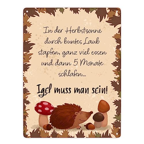 Winterschlaf Herbst Metallschild XXL in 28x38 cm mit Spruch - Igel muss man sein als dekoratives Herbst-Schild für Natur- und Tierliebhaber für Garten und Wohnung herbstlich von speecheese