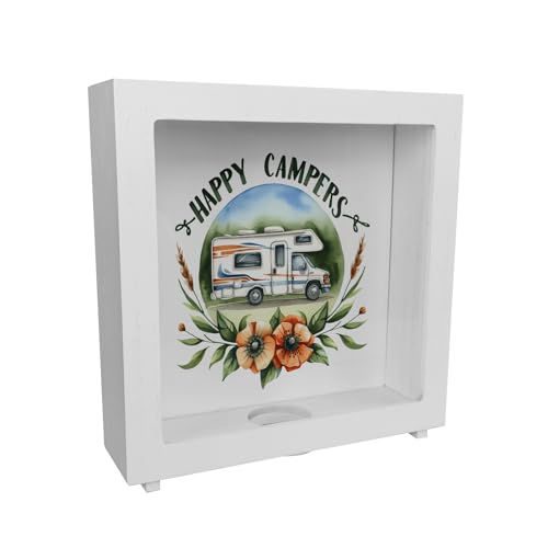 Wohnmobil Happy Campers Rahmen Spardose aus Holz Hintergrund Natur glücklich draußen im Fahrzeug perfekte Geschenkidee für Camper von speecheese