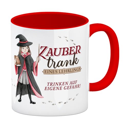 Zaubertrank Kaffeebecher in rot mit Zauberschülerin in rot eine bunte Tasse für Magie Fans lustiger Zauberschule Weiblicher Zauberschüler Zauberstab Buch Zauberer Kaffeetasse von speecheese