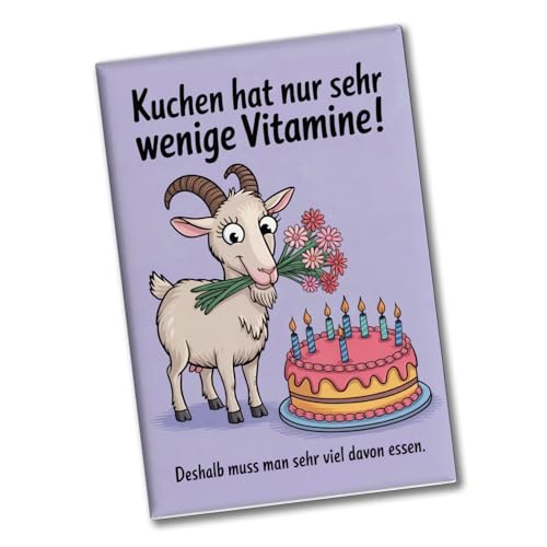 Ziege mit Torte - Mehr Kuchen Essen Souvenir Souvenir Magnet rechteckiger Souvenir Magnet mit skurriler Illustration auf hellviolettem Hintergrund niedliche Augen von speecheese