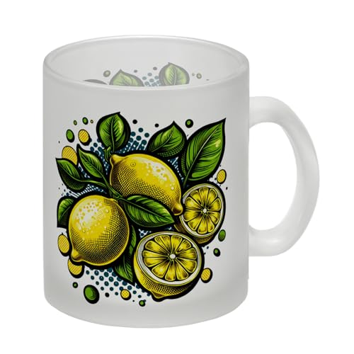 Zitronen Comic Glas Tasse Knallgelb Saftig Fröhlicher Zitrus Obst Design Fruchtiger Blätter und Blattwerk Druck Ideal für Zitronenliebhaber von speecheese