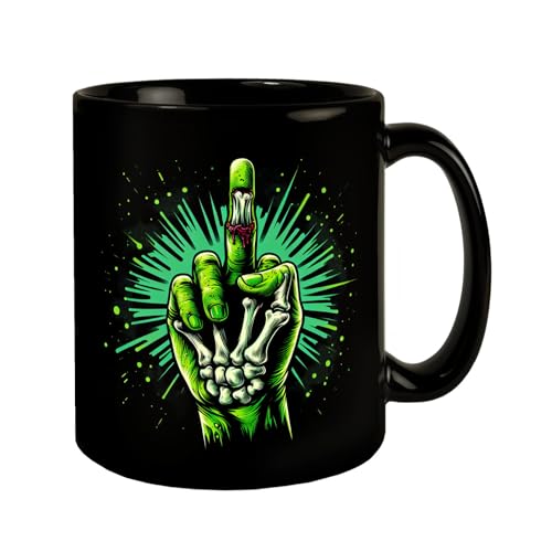 Zombiehand Mittelfinger Tasse schwarz in Schwarz Grüne Untoter Hand Freiliegender Knochen Skelett Geste - Coole Tasse schwarz Halloween von speecheese