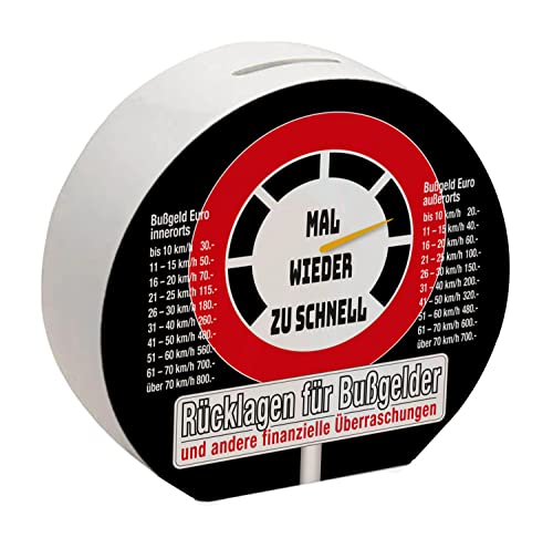 Zu schnell gefahren Bußgeld Spardose in schwarz mit Straßenschild Motiv um für einen Strafzettel zu sparen für den Führerschein mit Bußgeldkatalog für Autofahrer von speecheese