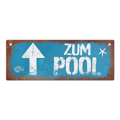 Zum Pool geradeaus Metallschild L in 10,5x28cm in Rostoptik schönes Blechschild für den Pool als besondere Pooldekoration oder Geschenk für Poolbesitzer um die Richtung anzuzeigen von speecheese