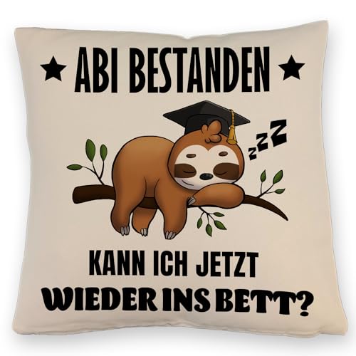 Abi bestanden Faultier Kissen mit Leinenoptik mit Spruch zurück ins Bett Faultier-Design für Abiturienten - Faul nach der Prüfung Schule Abschluss geschafft von speecheese