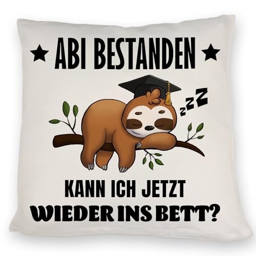 Abi bestanden Faultier Kissen mit Spruch zurück ins Bett Faultier-Design für Abiturienten - Faul nach der Prüfung Schule Abschluss geschafft von speecheese