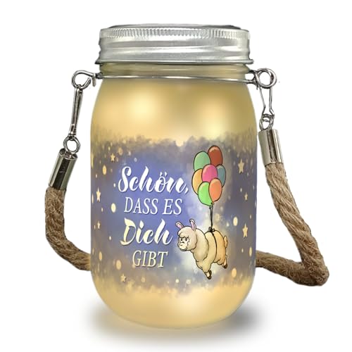 speecheese Alpaka mit Ballons Solarlicht mit Spruch Schön dass es dich gibt ein buntes Dekolicht für Kinder Lampe Geburtstag Einmachglas Dekolampe Kinderzimmer Sternen Liebe Freundschaft Lama von speecheese