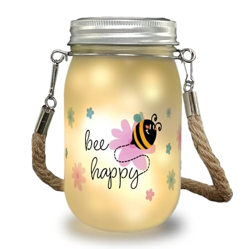 speecheese Bee happy Solarlicht mit niedlicher Biene und Blumen ein buntes Dekolicht für den Garten Dekolampe Frauen Dekoration Solar Einmachglas Licht Blumen von speecheese