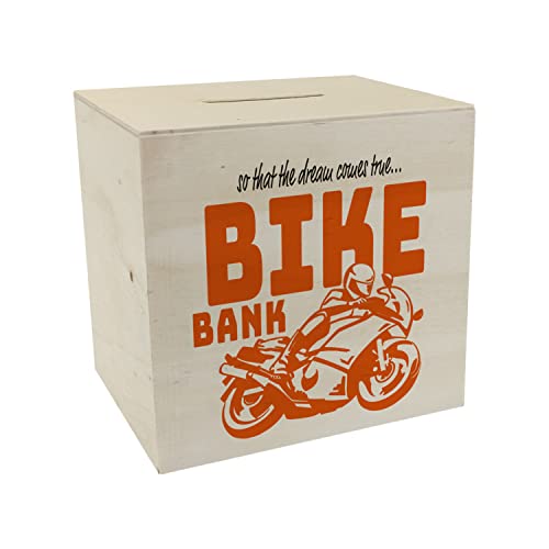 Bike Bank Spardose aus Holz in orange zum Thema Motorradkauf und Motorrad Fahren schöne Sparbüchse Geschenk für Sparfüchse die Träume eines Bikers mögen oder Sich ihren eigenen von speecheese