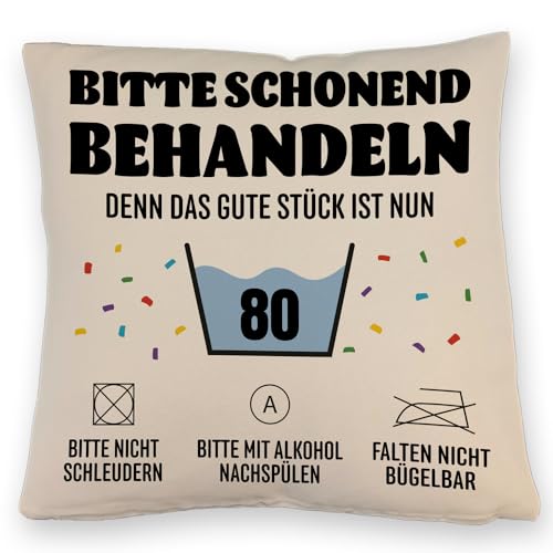 speecheese Bitte schonend behandeln - 80. Geburtstag Kissen mit Leinenoptik Witziges Rentner Geschenk zum 80 Geburtstag Alters-Spaß Waschbar Schonend von speecheese