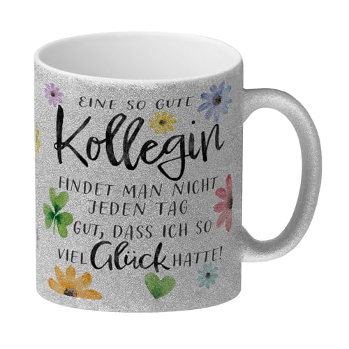 speecheese Blumen Glitzer-Kaffeebecher mit Spruch Glück gehabt mit toller Kollegin Lieblingskollegin Geschenk Ideal für Arbeitsplatz Geburtstag im Unternehmen von speecheese