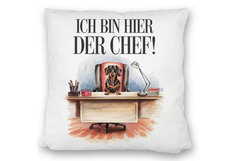 speecheese Dekokissen Ich bin hier der Chef Kissen satiniert Dackel auf Bürostuhl von speecheese