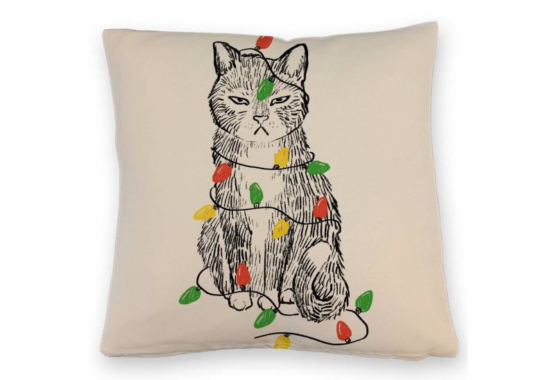 speecheese Dekokissen Katze mit Lichterkette Kissen mit Leinenoptik von speecheese