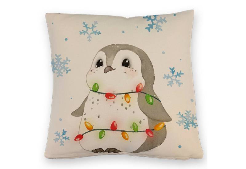 speecheese Dekokissen Pinguin mit Lichterkette Kissen mit Leinenoptik von speecheese