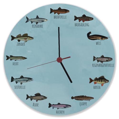 speecheese Deutsche Fischarten Wanduhr Uhr mit Fischen aus Deutschen Gewässern witzige Idee für Angler als Deko für das Vereinsheim, die Garage oder den Keller von speecheese