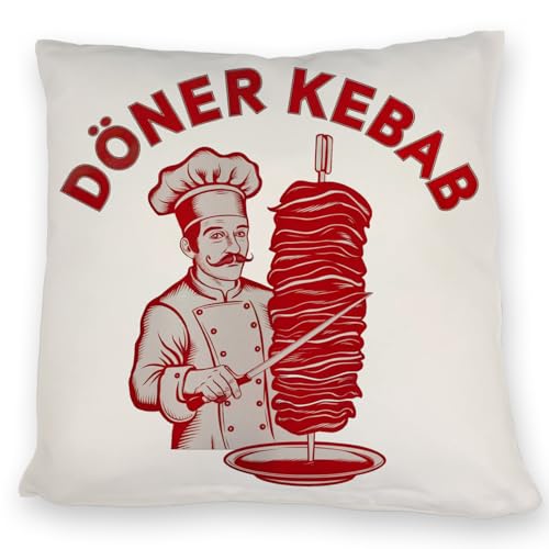 speecheese Döner Kebab Logo Kissen Koch mit Schnurrbart Fleischspieß Rot-Weiß Retro Design Kochmütze Messer Illustration von speecheese