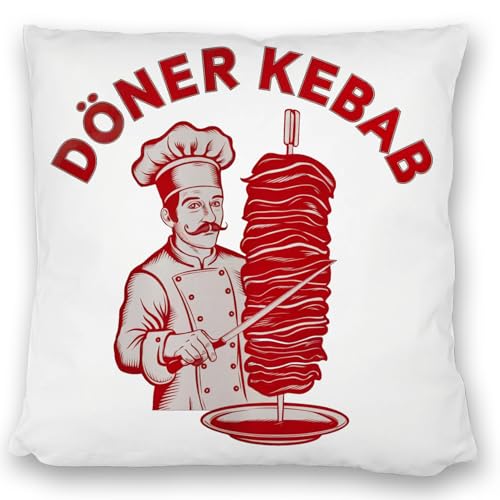 speecheese Döner Kebab Logo Kissen satiniert Koch mit Schnurrbart Fleischspieß Rot-Weiß Retro Design Kochmütze Messer Illustration von speecheese