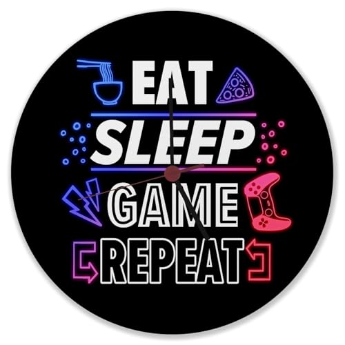 speecheese Eat Sleep Game Repeat Zocker Wanduhr Uhr für Spieler und Konsolenspieler mit witzigem Spruch und Neonmotiv Dekoration für das Gamerzimmer von speecheese