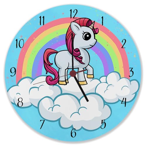 speecheese Einhorn mit Regenbogen Mädchen Wanduhr Schöne Uhr für das Kinderzimmer von Mädels mit Pony auf Wolken putzige Kinderuhr mit Fabelwesen von speecheese