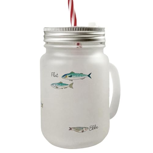 speecheese Flut - Ebbe Mason Jar Henkel Trinkglas mit Deckel mit kleinen Fischen ein niedliches Glas für dein Lieblingsgetränk lustiges Fischmotiv Frauen Hering Küchenaccessoires Nordsee von speecheese