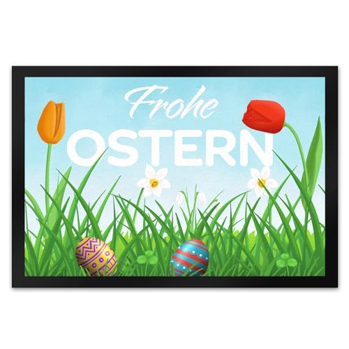 speecheese Frohe Ostern Fußmatte XL in 40x60 cm mit grüner Blumenwiese und bunten Ostereiern als Dekoration für Ostern schöner Fußabstreifer für die Osterzeit und den Ostersonntag mit der von speecheese