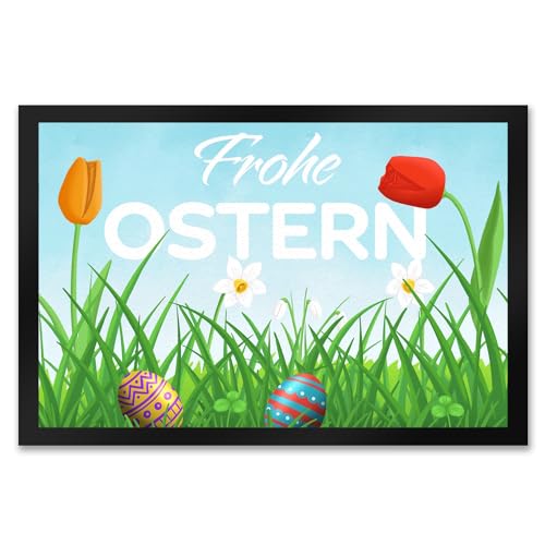 speecheese Frohe Ostern Fußmatte XXL in 50x75 cm mit grüner Blumenwiese und bunten Ostereiern als Dekoration für Ostern schöner Fußabstreifer für die Osterzeit und den Ostersonntag mit der von speecheese