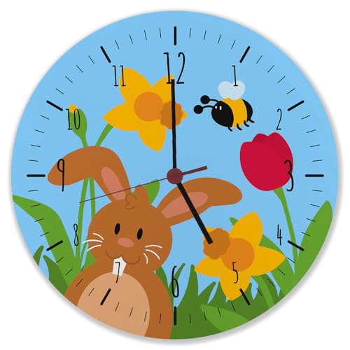 speecheese Frühling und Hasen Wanduhr zu Ostern als Osterdeko fürs Kinderzimmer oder das Wohnzimmer um Frühlingsgefühle auszulösen Biene Hase Tulpe Blumenwiese von speecheese