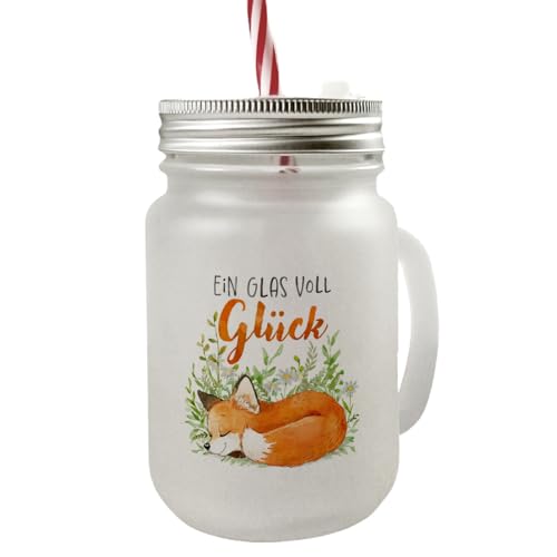 speecheese Fuchs Mason Jar Henkel Trinkglas mit Deckel mit Spruch Ein Glas voll Glück ein buntes Glas für dein Lieblingsgetränk Motiv schlafender Aquarell Natur Zeichnung Wald Waldtieren von speecheese